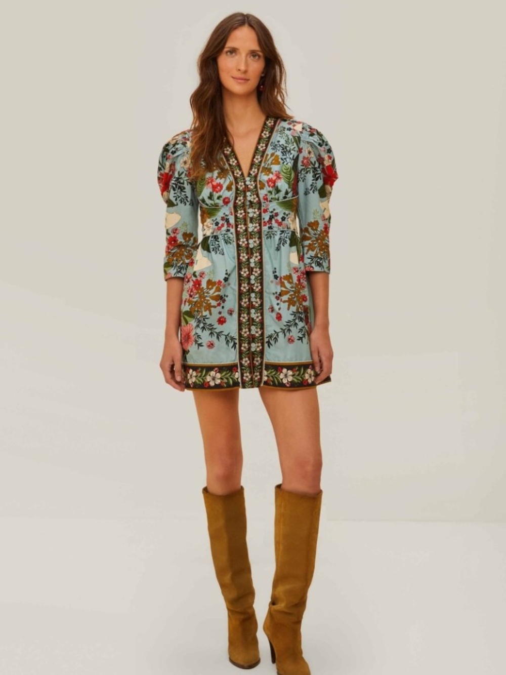 FARM Rio Beauty Bouquet Blue Mini Dress Sz S Floral Puff Sleeve NWT